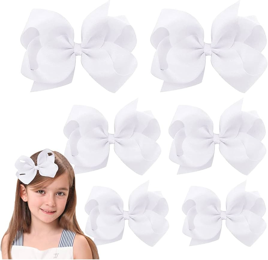 White Hair Bows For Girls and Toddler - 6 pcs White Bow 6 inch ×2, 4 inch ×2, 3 inch ×2 | Amazon (US)