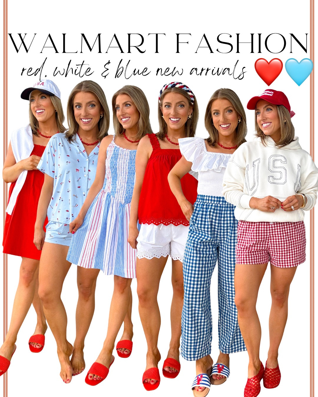Walmart understood the assignment with these red, white & blue new arrivals 😍🇺🇸 SO many cute patriotic outfits for Memorial Day, the Fourth of July, summer vacations, backyard cookouts, lake days, and all the Americana moments this season ❤️🩵

From gingham shorts and striped dresses to the cutest USA sweatshirts, patriotic graphic tees, matching sets, overalls, and easy summer separates… every single piece looks WAY more expensive than it is. And the accessories are SO good too 👏🏼

I’m especially obsessed with all the red woven shoes, blue gingham pieces, patriotic hats, and the lightweight summer dresses that are perfect for warm weather. Everything is comfy, easy to style, and gives that effortless coastal Americana vibe I love for summer.

Walmart fashion has seriously been SO good lately and these new arrivals are going to sell FAST 😍 Linking all my favorites!

#walmartfashion #walmartfinds #patrioticstyle #americanastyle #redwhiteandblue #fourthofjulyoutfit #memorialdaystyle #summeroutfits #walmartnewarrivals #affordablefashion #coastalstyle #summerfashion #ginghamstyle #casualsummerstyle #everydaystyle #vacaystyle #walmartstyle #patrioticoutfits #summerwardrobe #affordablesty

#LTKPetite #LTKootd
