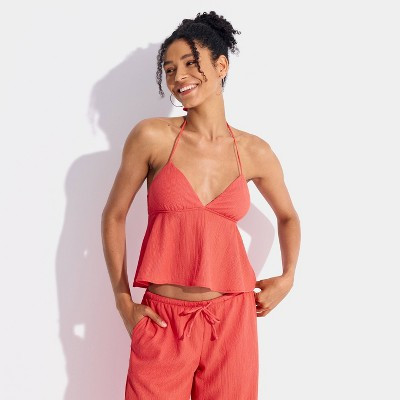 Women's Textured Babydoll Halter Tank Top - Wild Fable™ Orange XL | Target