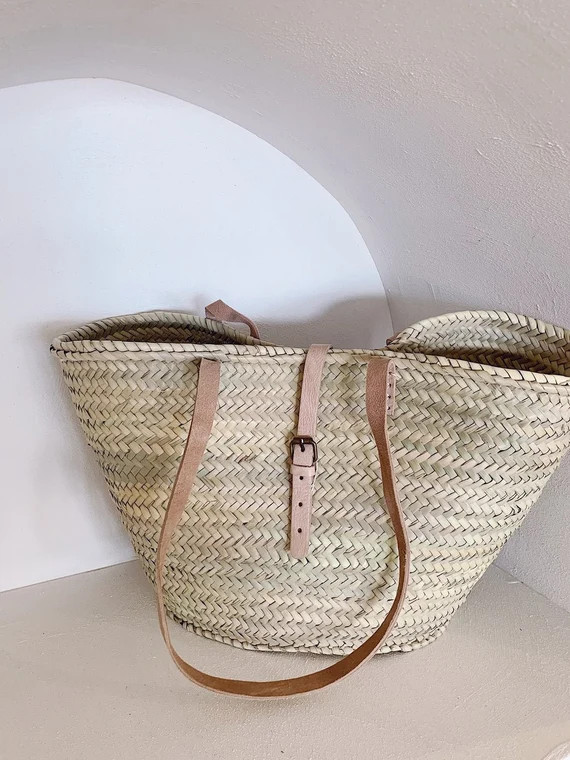 French Market Basket || Woven Basket || Straw Basket ||  Handmade Moroccan Basket with Leather Ha... | Etsy (US)