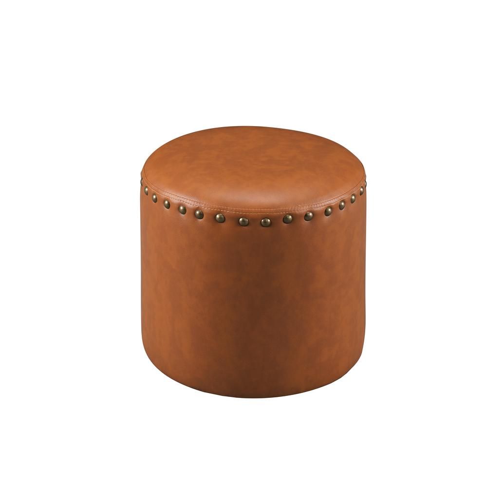 Kings Brand Furniture Brown Nailhead Trim Faux Leather Round Ottoman | The Home Depot