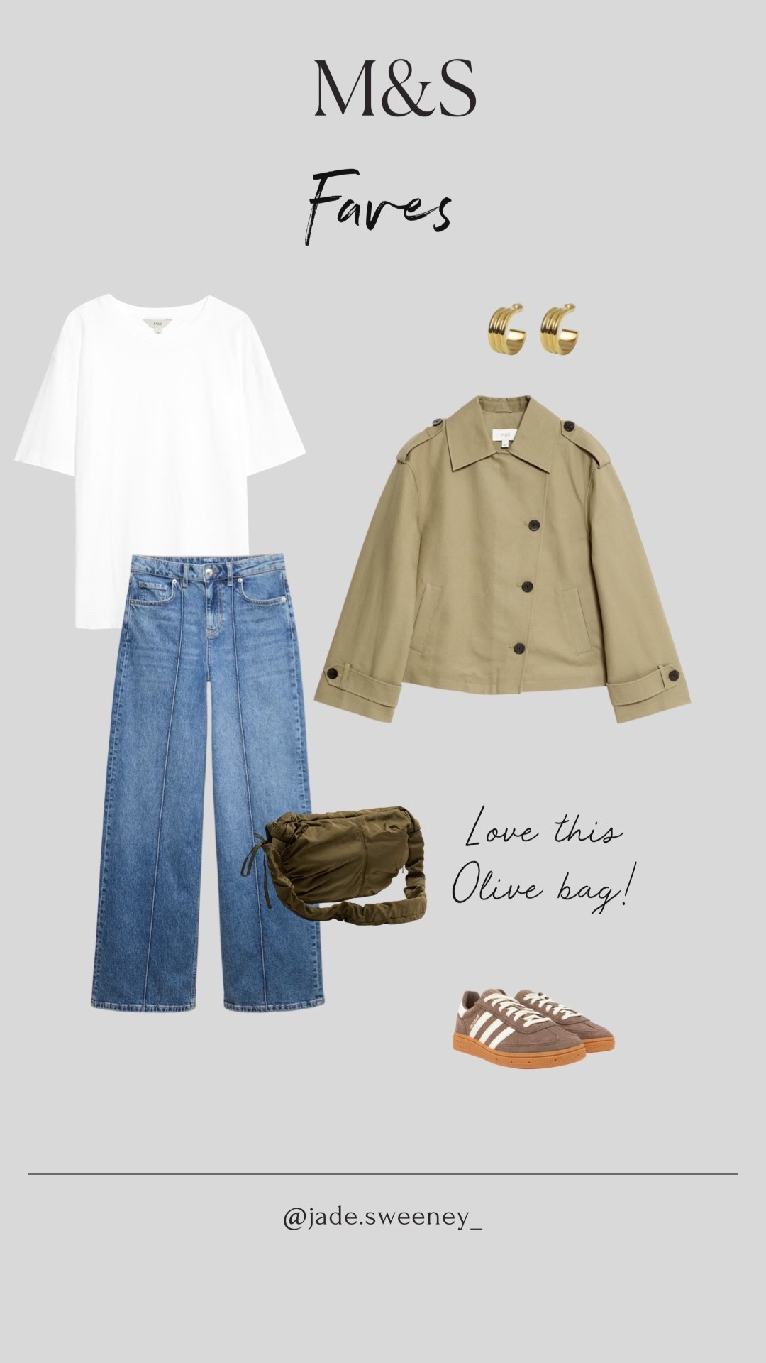 M&S is one of my absolute fave places to shop 🤎

Autumn fashion, M&S faves, affordable fashion, Olive green slouchy bag, wide leg jeans, adidas spezial, Chucky gold earrings, plain white tee, short trench coat.  OOTD, running errands, easy fashion. 

#LTKjeans #LTKautumn #LTKuk