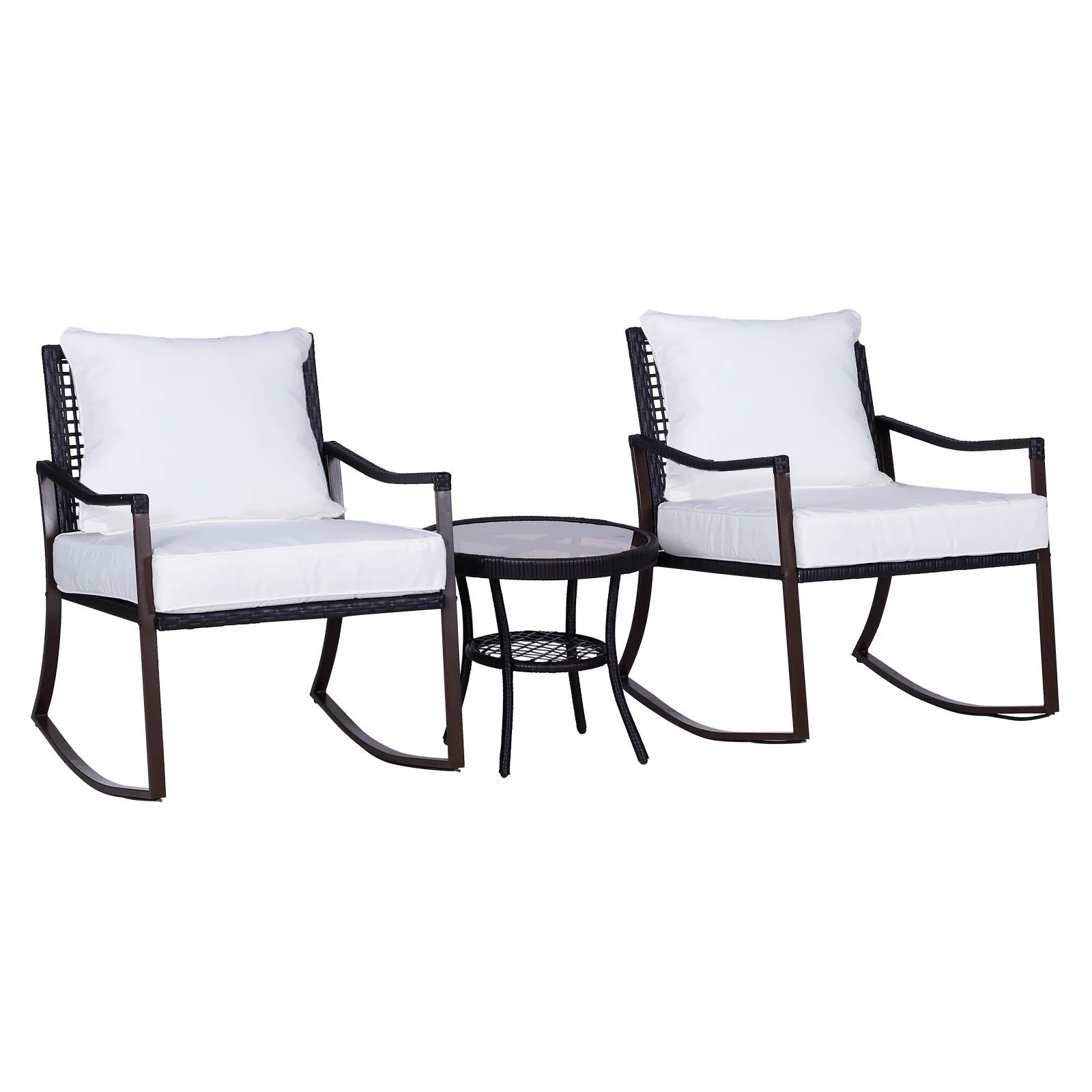 Outsunny 3 Piece Outdoor PE Rattan Patio Rocking Chair Set with Table - Brown | Walmart (US)