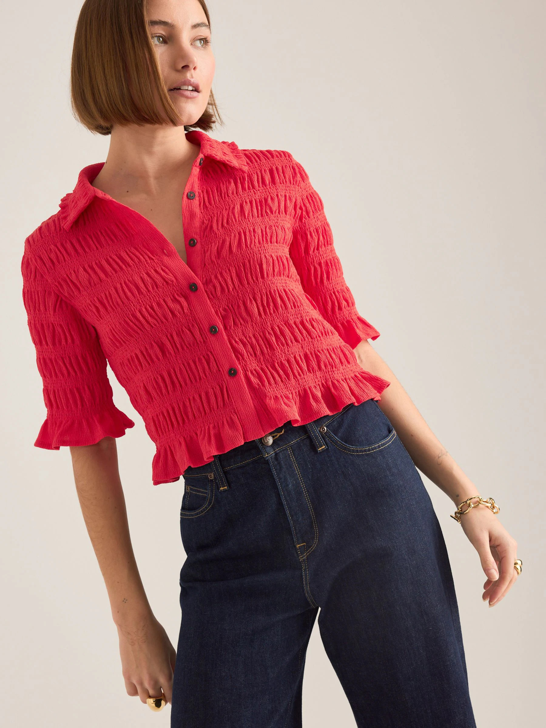 Anthropologie Anthropologie Maeve Ruffle Button-Front Short Puff Sleeved Top | Next US