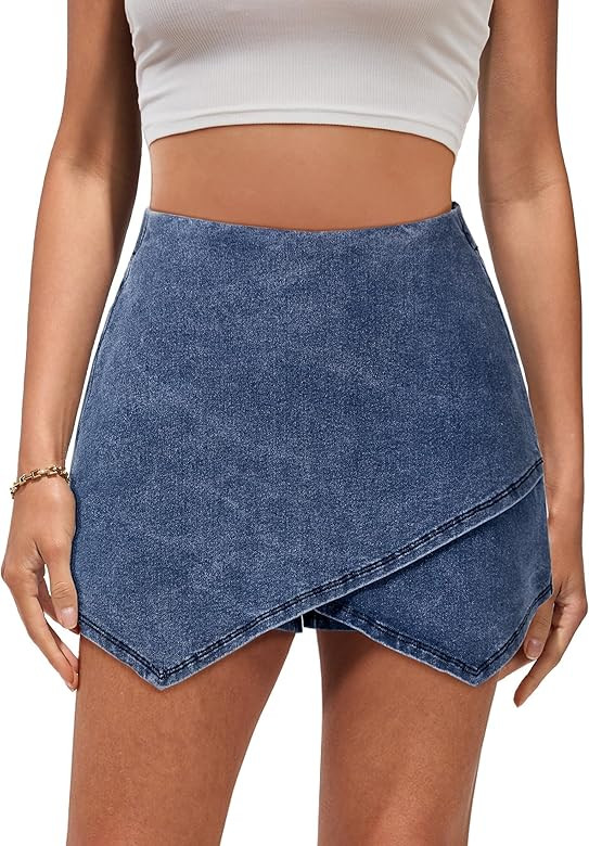 luvamia Jean Skorts for Woman High Waisted Pull On Stretchy Denim Wrap Skirt with Shorts Trendy A... | Amazon (US)
