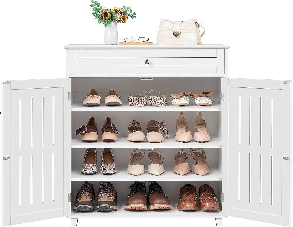 Yaheetech Shoe Cabinet, 4-Tier Shoe Storage Cabinet with Drawer & Adjustable Shelves, Wooden Shoe Rack Organizer with Louvered Doors for Entryway, Hallway, Bedroom, Closet, Living Room, White | Amazon (US)