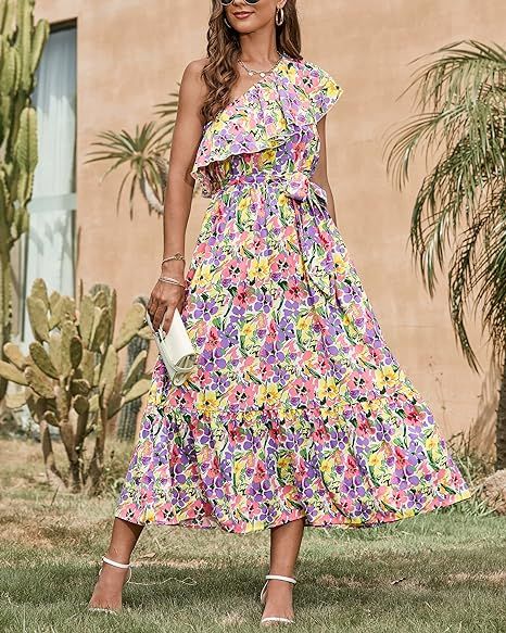 NOLLSOM Casual Women Summer Dresses 2023 One Shoulder Maxi Dress Sleeveless Ruffle Layered Boho F... | Amazon (US)