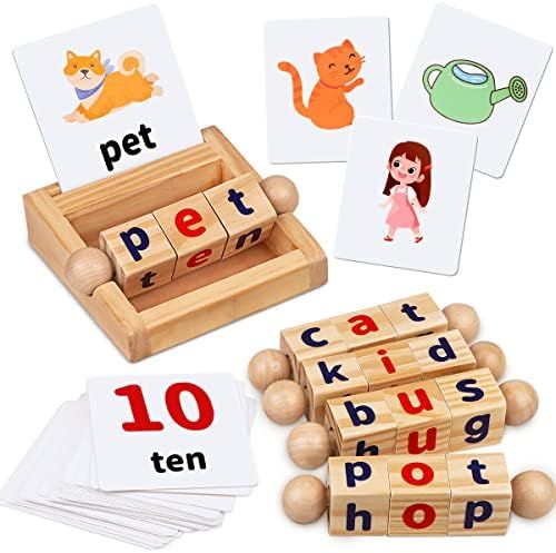 Montessori Toys for Toddlers 2 3 4 Years Old Wooden Reading Blocks Flash Cards Short Vowel Turning R | Amazon (US)