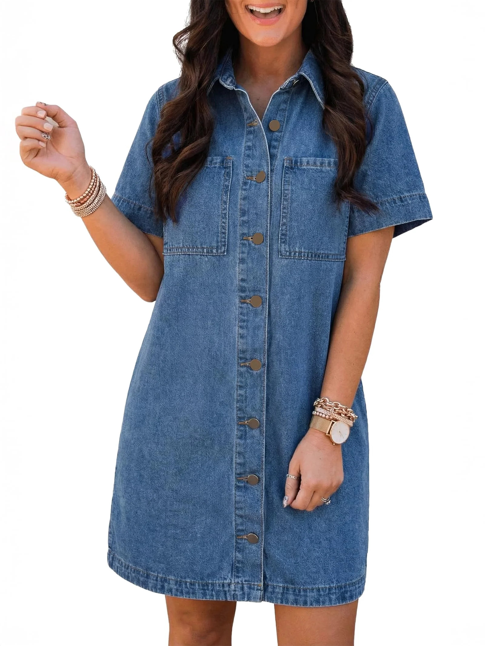 EMMIOL Women's Button Down Denim Dress Short Sleeve Babydoll Mini Jean Shirt Dress Summer Casual Trendy Outfit | Walmart (US)