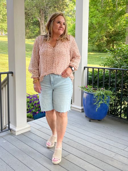 Relaxed fit denim shorts. Not cut about 1.5” off. Size 14

Blouse size L. Pretty details. Code NANETTE10 for 10% off

Wedges are tts are soft woven leather and raffia top  

#LTKunder100 #LTKcurves #LTKshoecrush