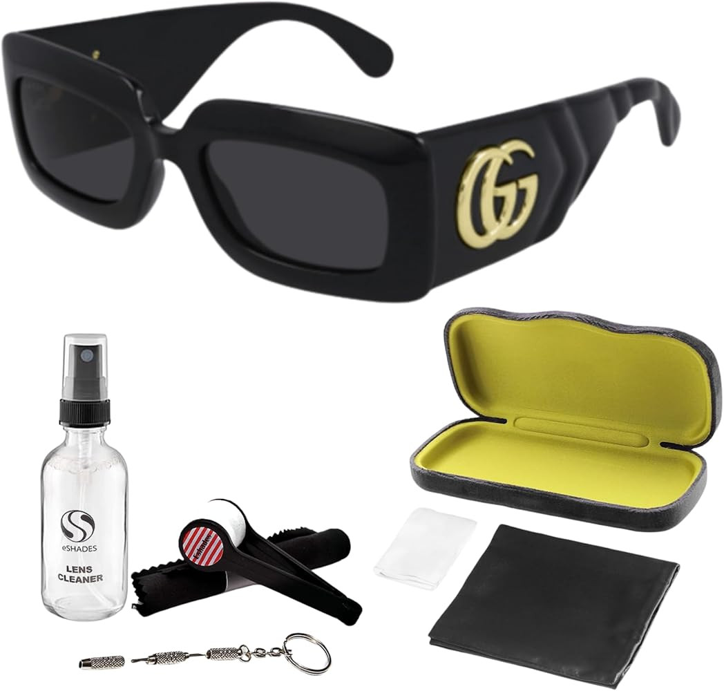 Gucci GG0811S Black Grey Rectangle Women's Sunglasses + Bundle with eSHADES Eyewear Kit | Amazon (US)