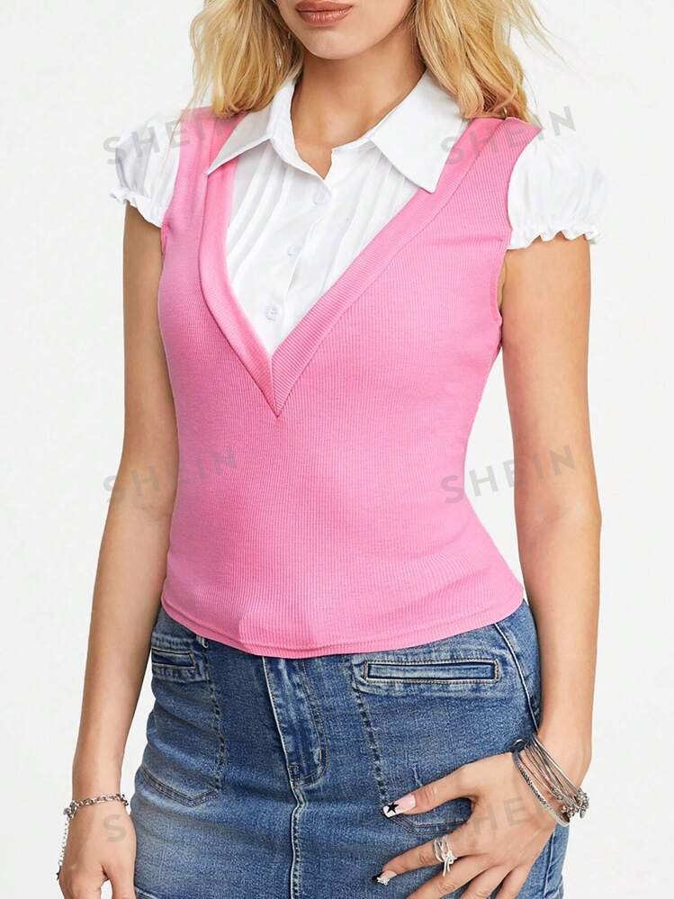 ROMWE J-Fashion Y2K College Casual Knit Patchwork 2 In 1 Women's T-Shirt | SHEIN USA | SHEIN