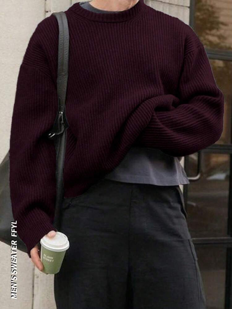 Oversized Loose Fit Textured Knit Sweater, Casual High Street Unisex Design, Minimalist Round Neck Long Sleeve Pullover, Warm For Autumn/Winter, Grunge Style | SHEIN
