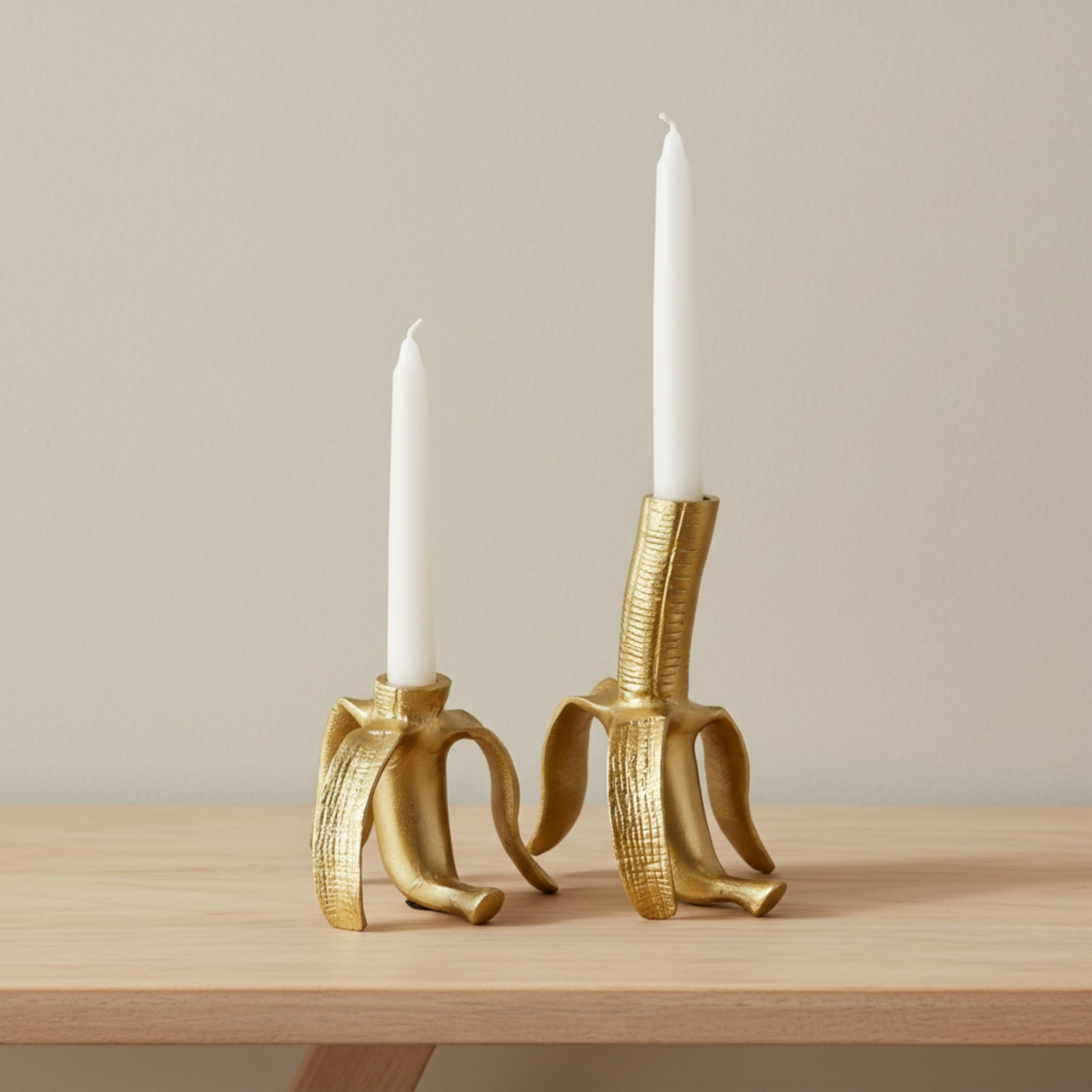 Decorative Banana Candle Holders - Metal Taper Candlestick Holders for Table Centerpieces or Living Room Decor - Stylish Candle Stand Holder for Shelf, Office, or Home Decor - Set of 2, 7", 5", Gold | Amazon (US)