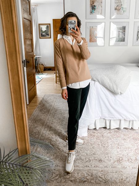 Smart casual outfit. 
Wearing size small sweater, order your usual size. 
Size XXS J.Crew top, linked similar styles, order your usual size. 
Size 00 petite pants, order 1 size down from your usual size. 
Petite outfit. Classic outfit. Neutral outfit  

#LTKunder50 #LTKstyletip #LTKSeasonal