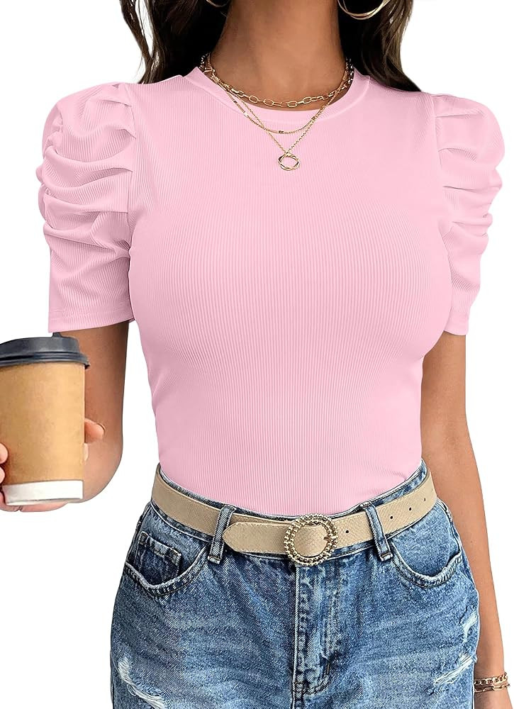 ANRABESS Women Puff Short Sleeve Crewneck Dressy Casual Tops Summer Fitted Ribbed Knit Trendy Wor... | Amazon (US)
