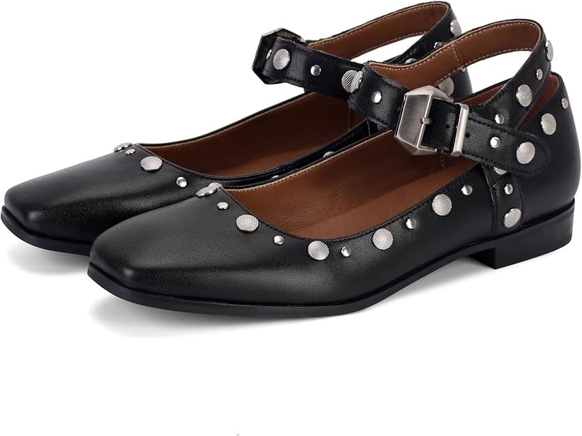 DOEYG Mary Janes Flats Shoes for Women Square Toe Studded Mary Jane Shoes Buckle Ballet Flats wit... | Amazon (US)