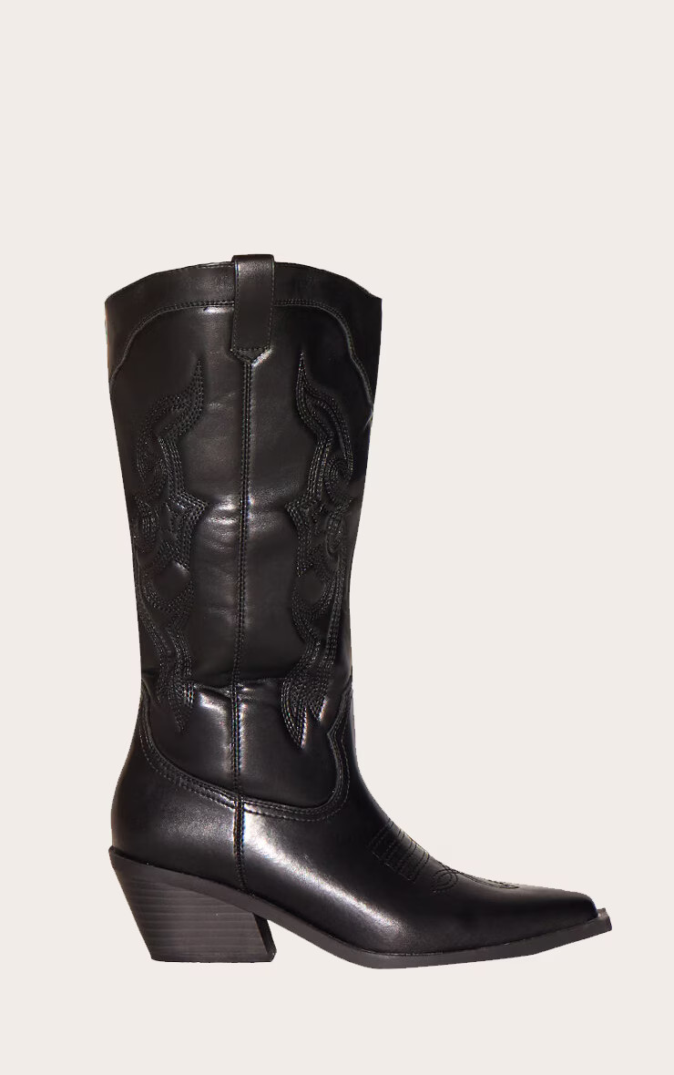 Black Pu Point Toe Western Calf High Boots | PrettyLittleThing IE