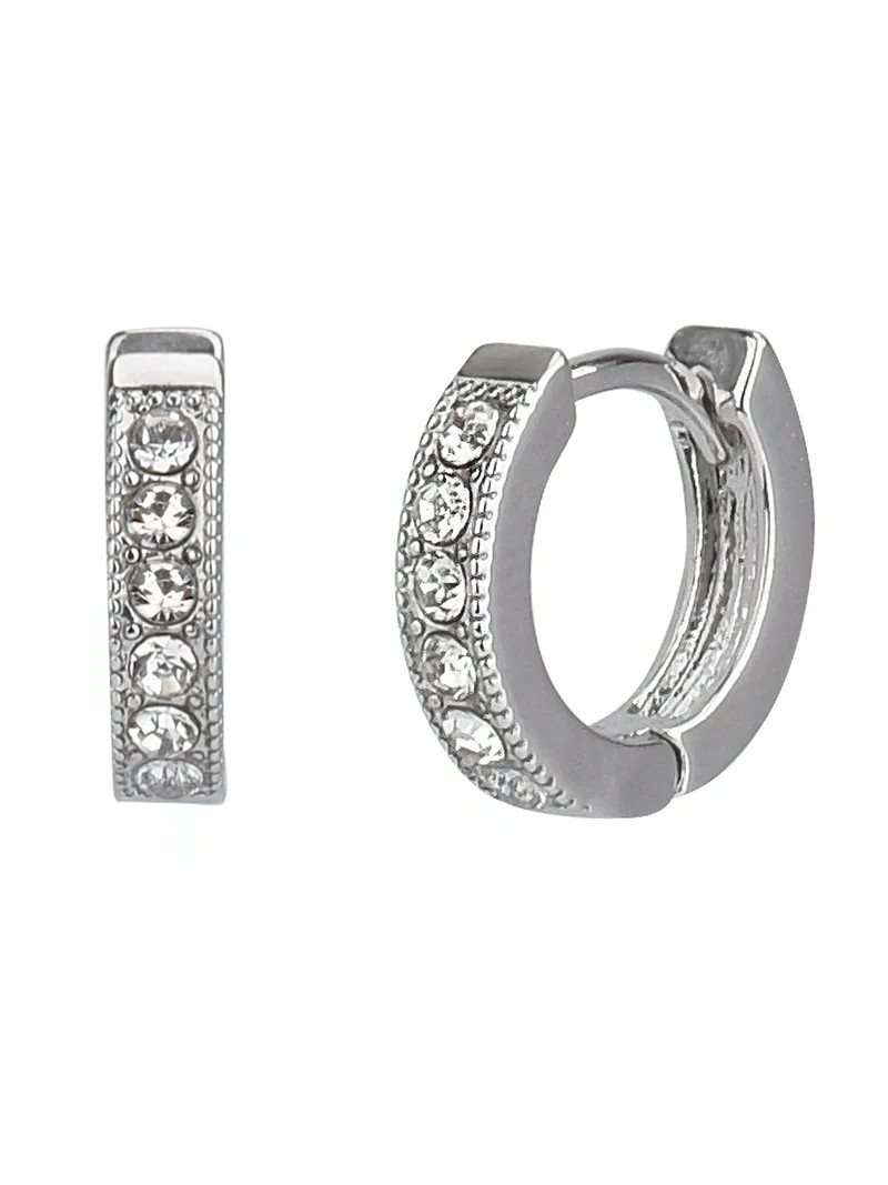 Time and Tru Adult Women's Silver Tone Crystal Huggie Metal Earring - Walmart.com | Walmart (US)