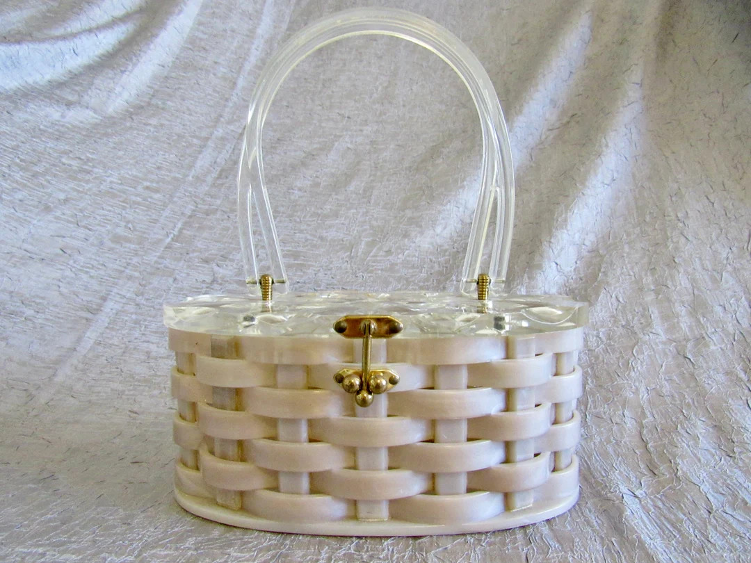 Unusual 1950s - 60s Basketweave Marbled Lucite Handbag with Clear, Crystal-cut Lid & Handle | Etsy (US)