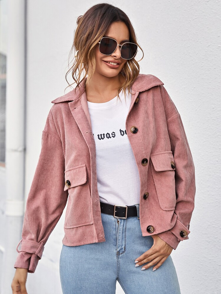 SHEIN Collared Buttoned Front Pocket Patched Cord Jacket | SHEIN