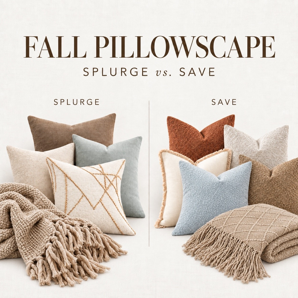 The elevated colors of the season are more muted neutrals, with blues and soft oranges... think terracotta orange rather than pumpkin orange. Here's a breakdown of a save vs splurge for your couches. 

My pillow colors are bronze, bone and mineral blue.
