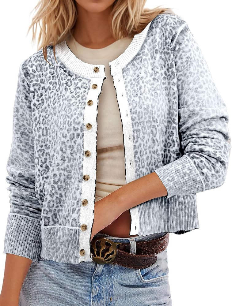 2026 Spring Leopard Cardigan Womens Button Up Lightweight Sweaters Long Sleeve Cheetah Print Crop... | Amazon (US)