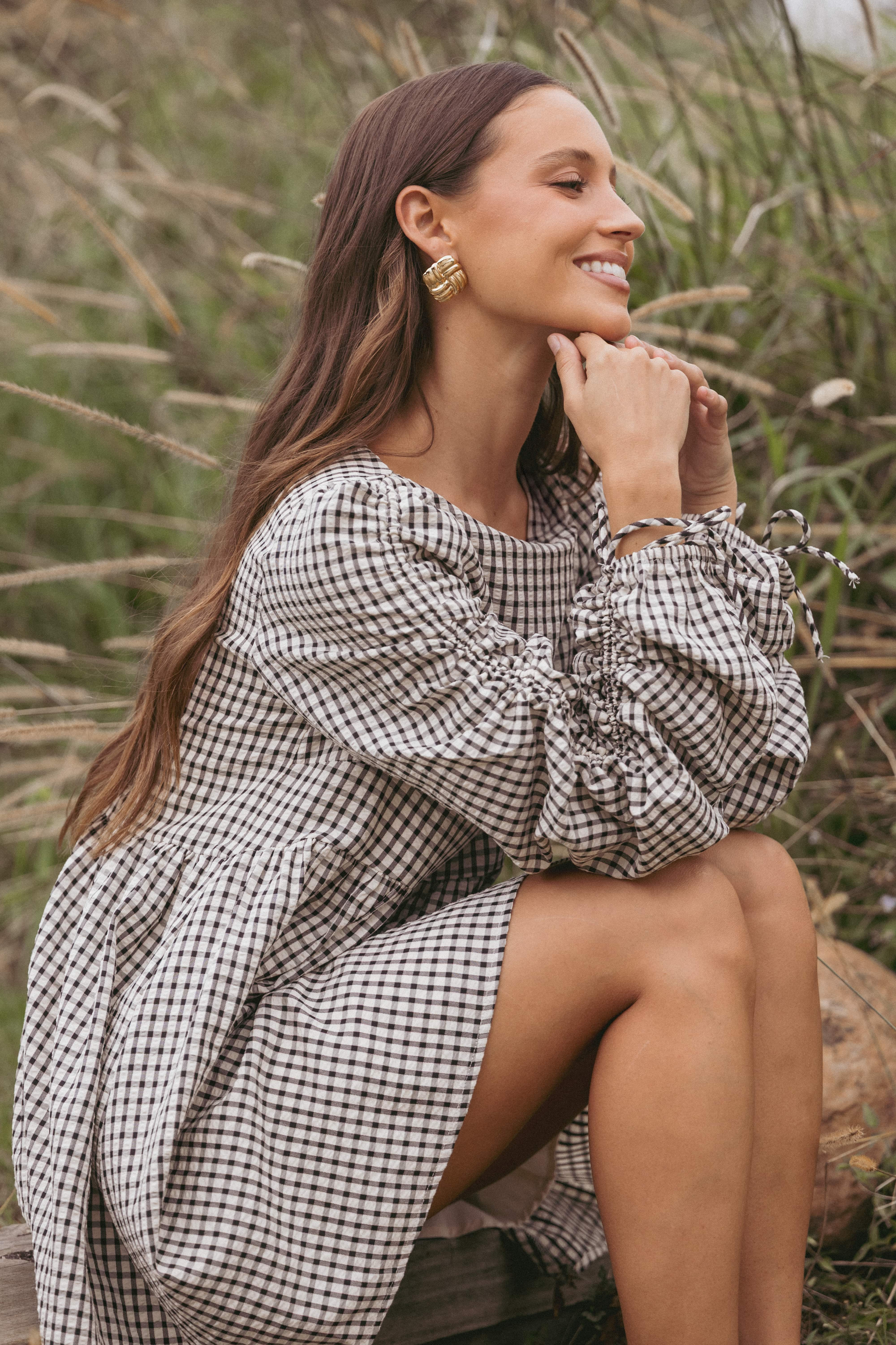 Micaela Long Sleeve Mini Dress - Black Gingham | Petal & Pup (US)