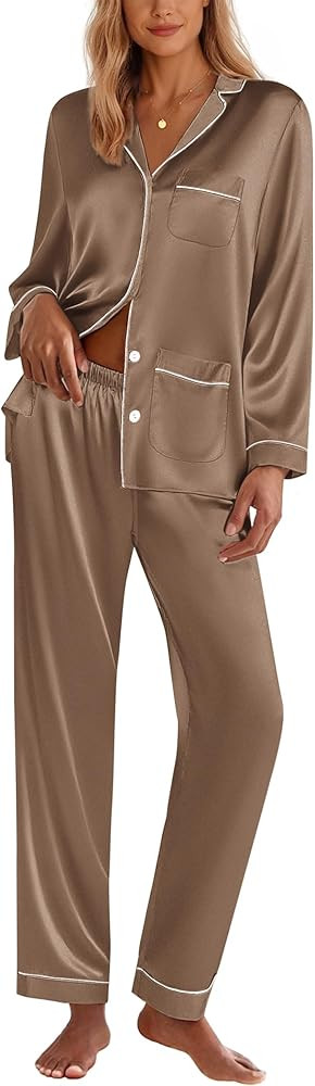 Ekouaer Silk Pajamas for Women Classic Button Down Satin Pajama Sets Long Sleeve Lounge Set | Amazon (US)