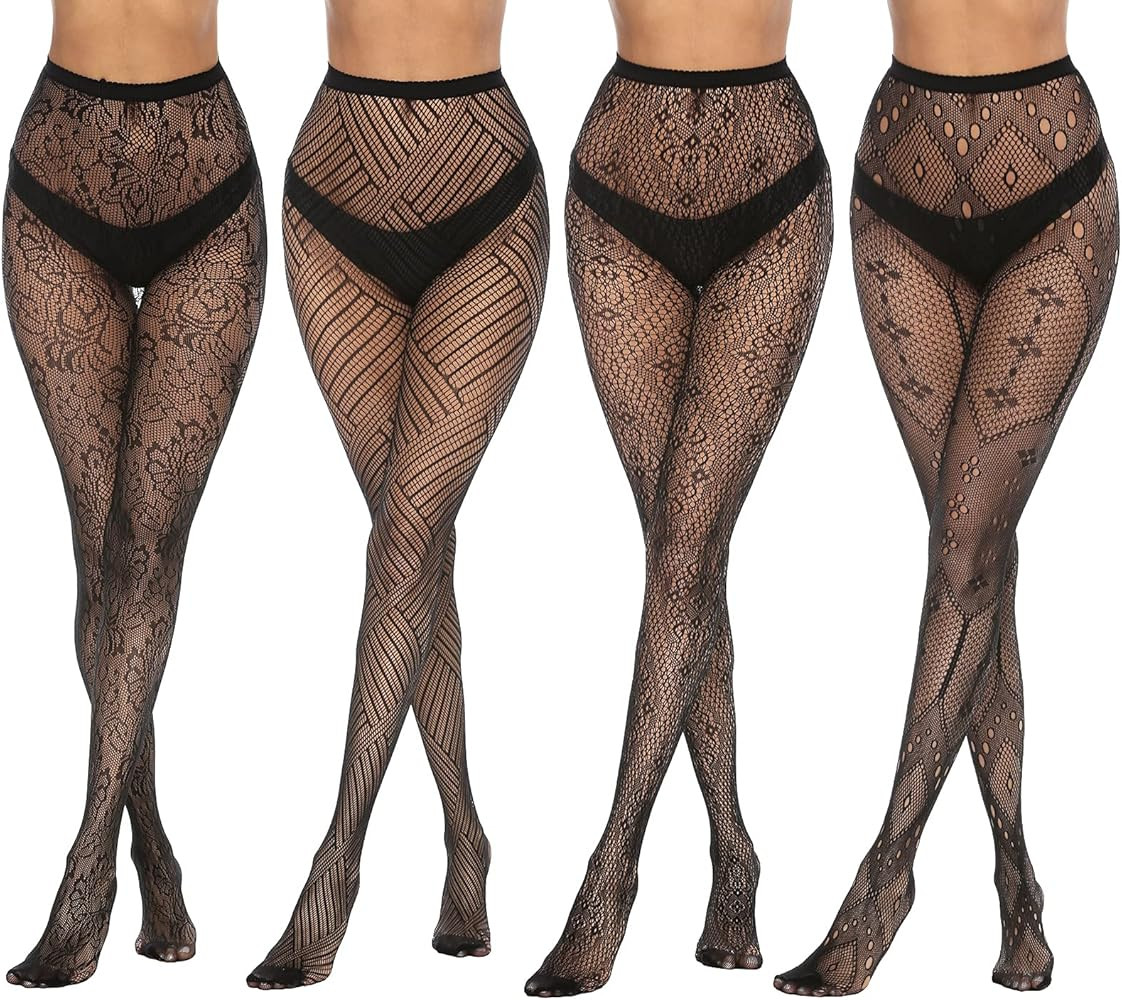 MANZI 4 Pairs Womens Patterned Black Fishnet Stockings Tights Sexy Suspender Thigh High Mesh Cros... | Amazon (US)