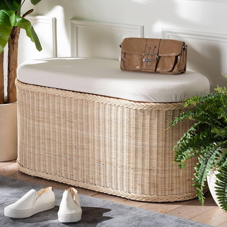 bali & pari Barid Braided Natural Rattan Storage Bench with Cushioned Lift-Top Lid – Coastal Bo... | Amazon (US)