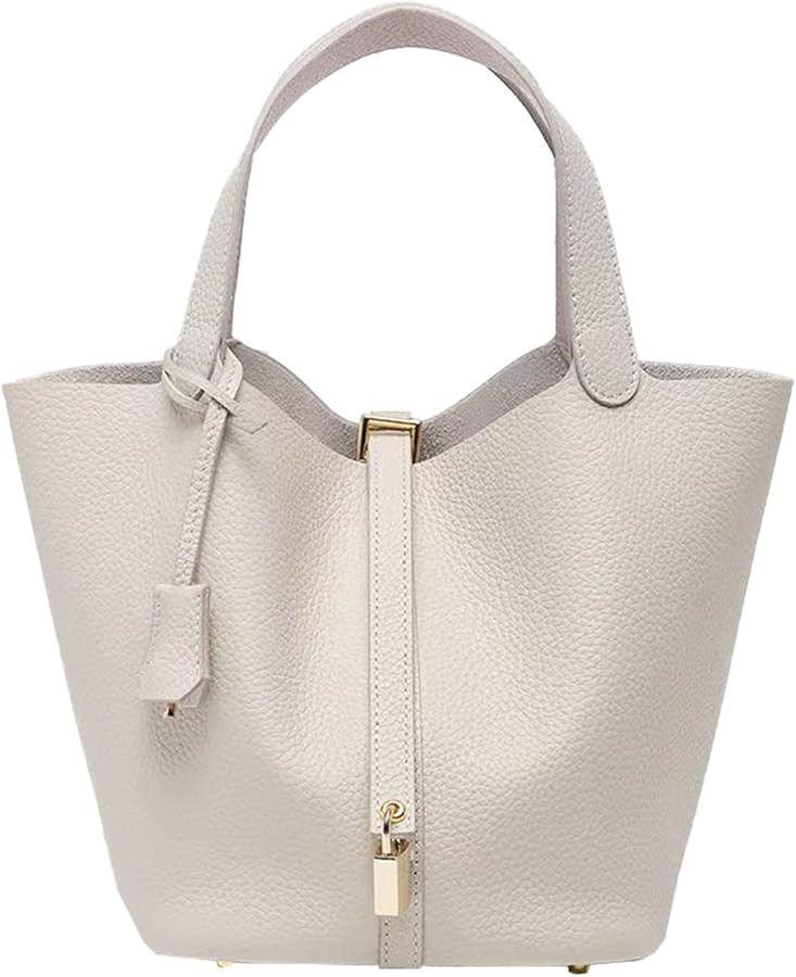 Genuine Leather Bucket Bag for Women, Lock Design Handbags Vegetable Basket, Shoulder Handbag Sat... | Amazon (US)