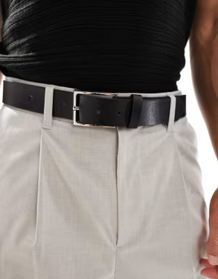 ASOS DESIGN smart faux leather belt with silver buckle in black | ASOS (Global)