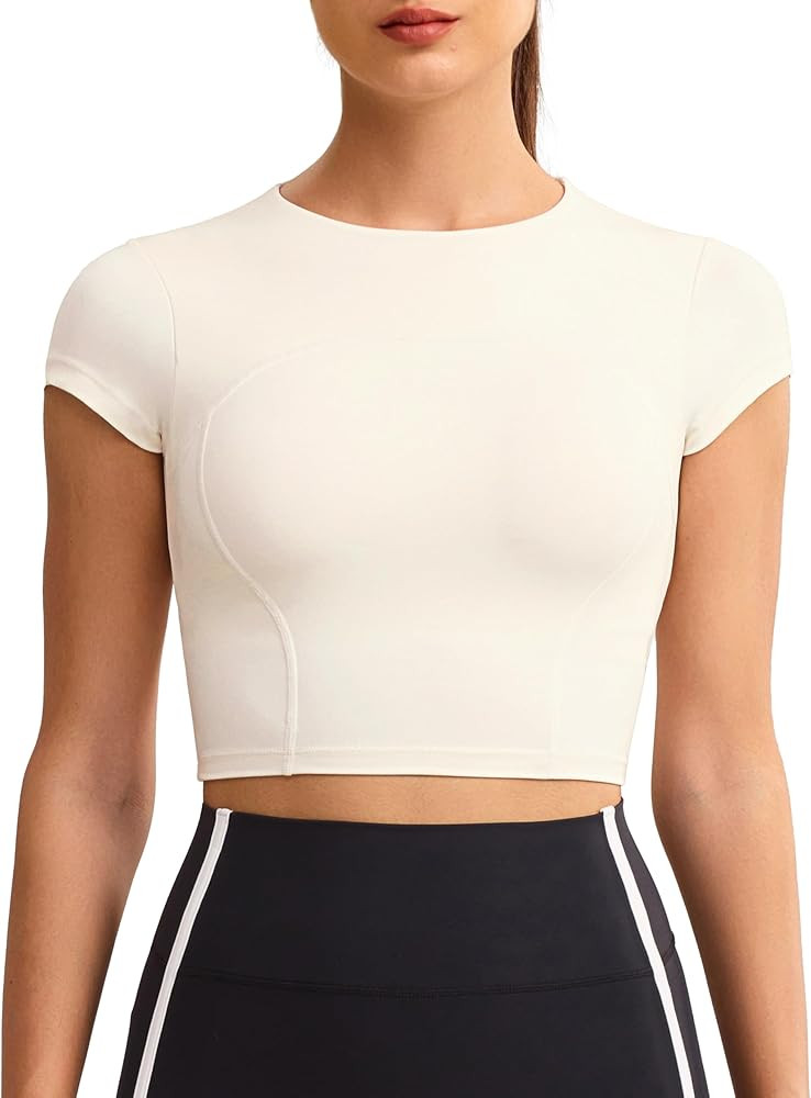 Workout Crop Tops for Women Yoga Short Sleeve Mild Support Slim Fit Cropped Athletic Shirts Gym T... | Amazon (US)