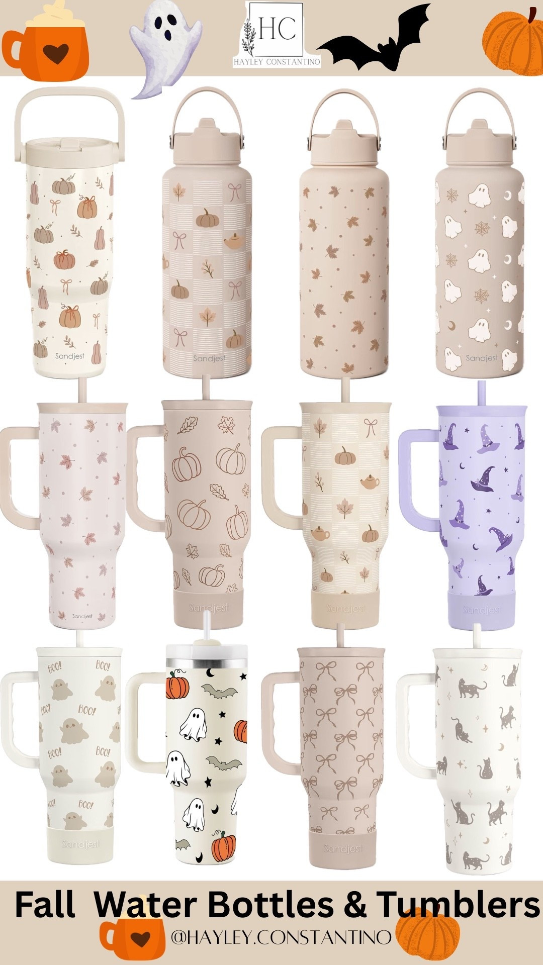 🍂🎃 Fall + Halloween Drinkware You’ll Want to Carry Everywhere!
These adorable fall and spooky-season water bottles and tumblers are basically the accessories your autumn wardrobe didn’t know it needed! Think tiny pumpkins, cozy leaves, sweet little ghosts, bats, bows, black cats and witchy vibes in the prettiest neutral, blush, lavender and pumpkin-spice shades. 👻🍁🧡
And let’s be honest… hydration tastes better when your cup is dressed for the season. 😂 Seasonal drinkware has become a big part of fall shopping, with retailers leaning heavily into cute, everyday Halloween and autumn designs.
☕ Where to take them this fall
These are perfect for:
🎃 Pumpkin-patch adventures
🍂 Fall festivals & farmers markets
👻 Halloween parties and trick-or-treating
☕ Your daily pumpkin-spice coffee run
🏈 Football games and tailgates
🍁 Autumn hikes and scenic drives
🛍️ Fall shopping trips
💻 The office—because spreadsheets deserve a little spooky cheer
🚗 School pickup, errands and weekend road trips
🧘‍♀️ The gym, yoga or your morning walk

🎁Gifting: Fill one of these festive bottles or tumblers with pumpkin-spice coffee or tea, hot cocoa, candy, cozy socks, lip gloss, a fall candle, hand cream, snacks or a coffee gift card, then gift it to your BFF, daughter, sister, mom, coworker, teacher, college girl or fellow Halloween-obsessed bestie. Tie it up with a cute ribbon and voilà—an easy, thoughtful little “Sip, Sip, Hooray, It’s Fall!” gift that’s practically begging to be wrapped in autumn magic! 🍂🎃☕👻