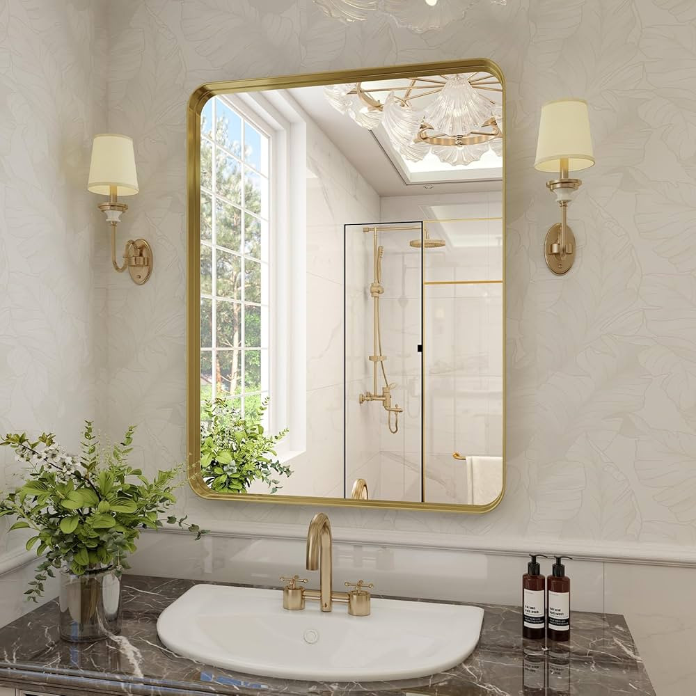 Bathroom Mirror 20x30 inch, Gold Gorgeous Deep Frame Wall Mirror, Modern Round Corner Bathroom Va... | Amazon (US)