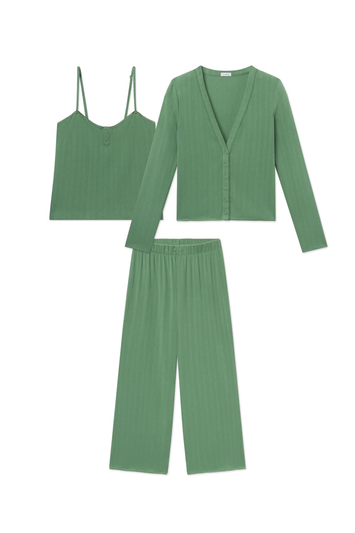 Pointelle Cardigan Three-Piece Set in Comfrey - L | Lake Pajamas