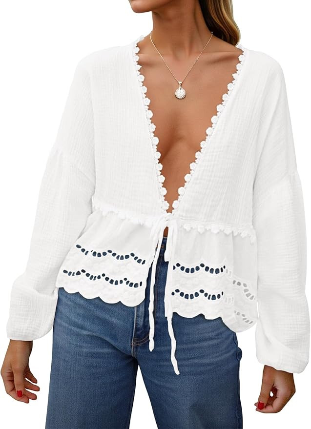 Tankaneo Womens Deep V Neck Tie Front Blouse Cotton Long Puff Sleeve Eyelet Tops Cute Lace Trim F... | Amazon (US)