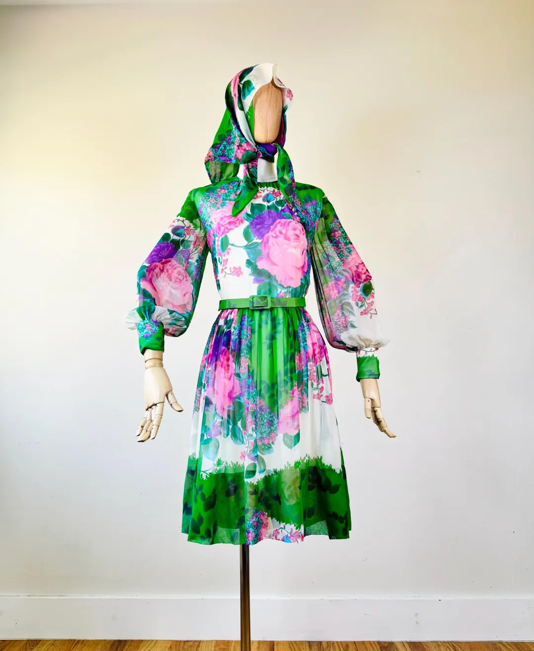 Vintage 60s / 70s Adele Simpson silk floral dress w/ matching scarf & belt ~ bishop sleeves ~ Spr... | Etsy (Global)