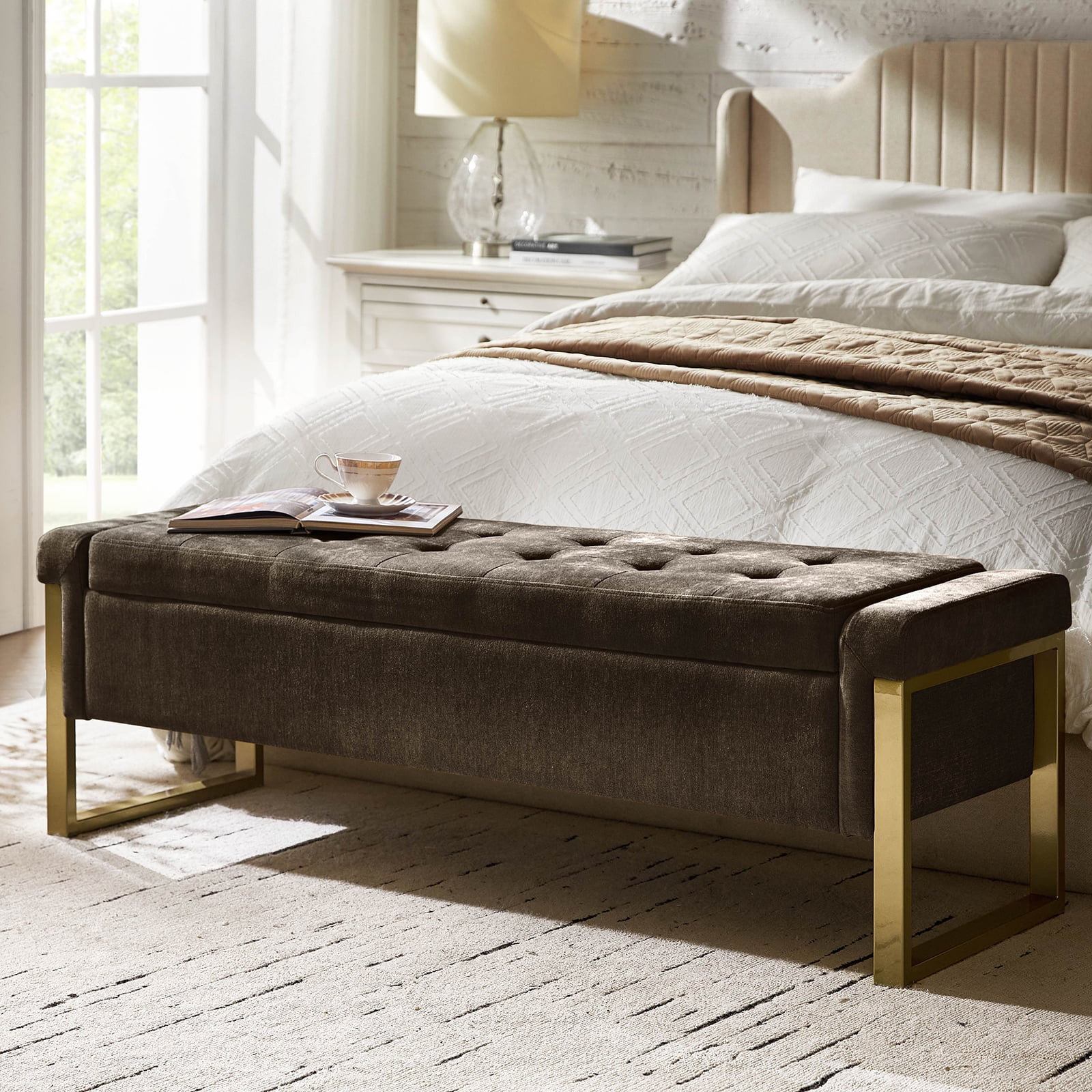 55" Flip Top Storage Bench Tufted Upholstered End of Bed Bench Entryway Bedroom | Walmart (US)