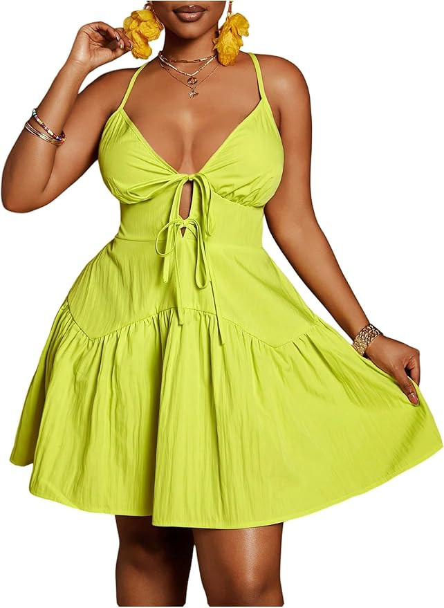 Floerns Women's Plus Size Tie Knot Front Criss Cross Ruffle Hem Cami A-Line Mini Dress | Amazon (US)