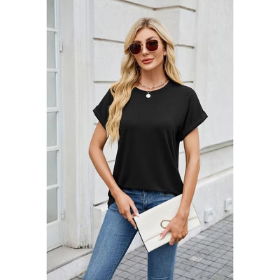 Womens Top Round Neck Loose Fit Short Sleeve Casual T Shirt Black S | Target
