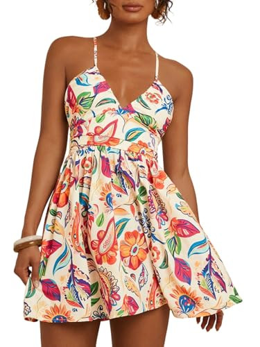 Floerns Women's Boho Tropical Mini Dress Spaghetti Strap Criss Cross Tie Back Summer Dresses Sund... | Amazon (US)