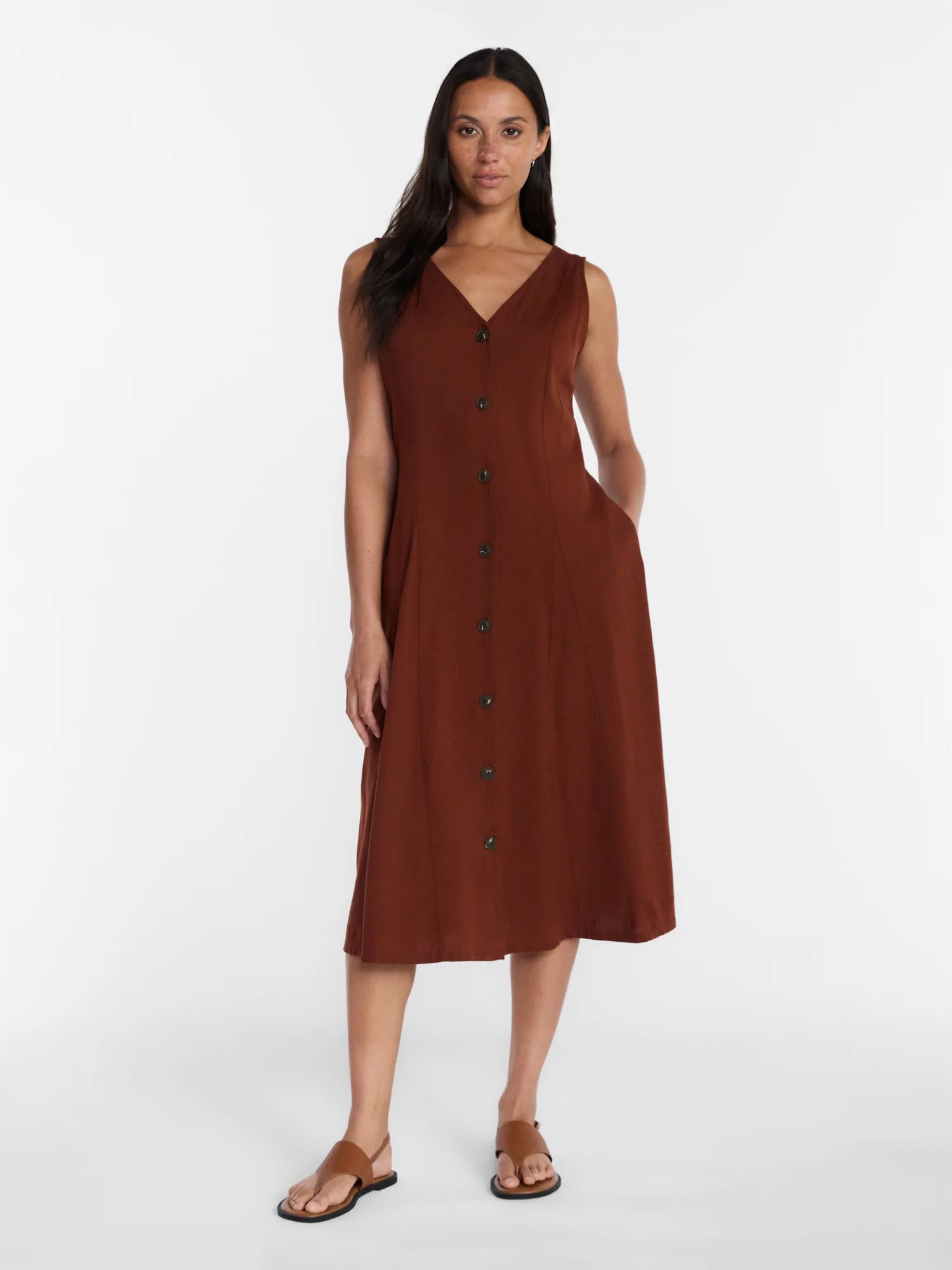 Time and Tru Women's Sleeveless Button Down Linen Blend Dress, Sizes XS-XXXL | Walmart (US)