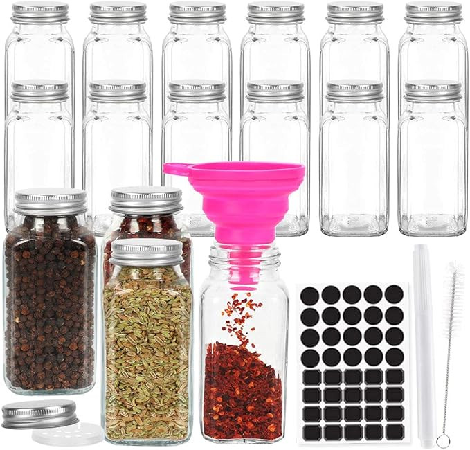6 oz Empty Glass Spice Jars,Set of 16,Square Glass Seasoning Jars & Salts Containers with Metal Caps | Amazon (US)