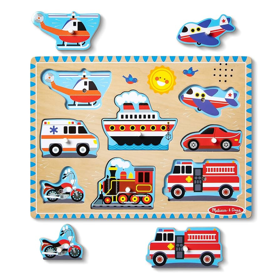 Melissa & Doug Vehicles Sound Puzzle - Wooden Peg Puzzle with Sound Effects (8 pcs) - Sound Puzzl... | Amazon (US)