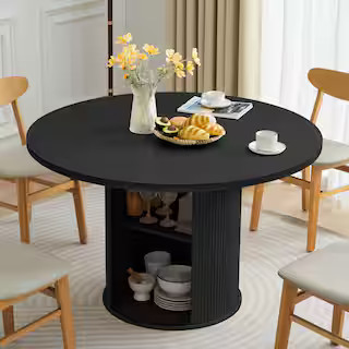 ATHMILE Black Wood 47 in. Round Pedestal Dining Table With Storage For 4 BLK-6504H120-A - The Hom... | The Home Depot
