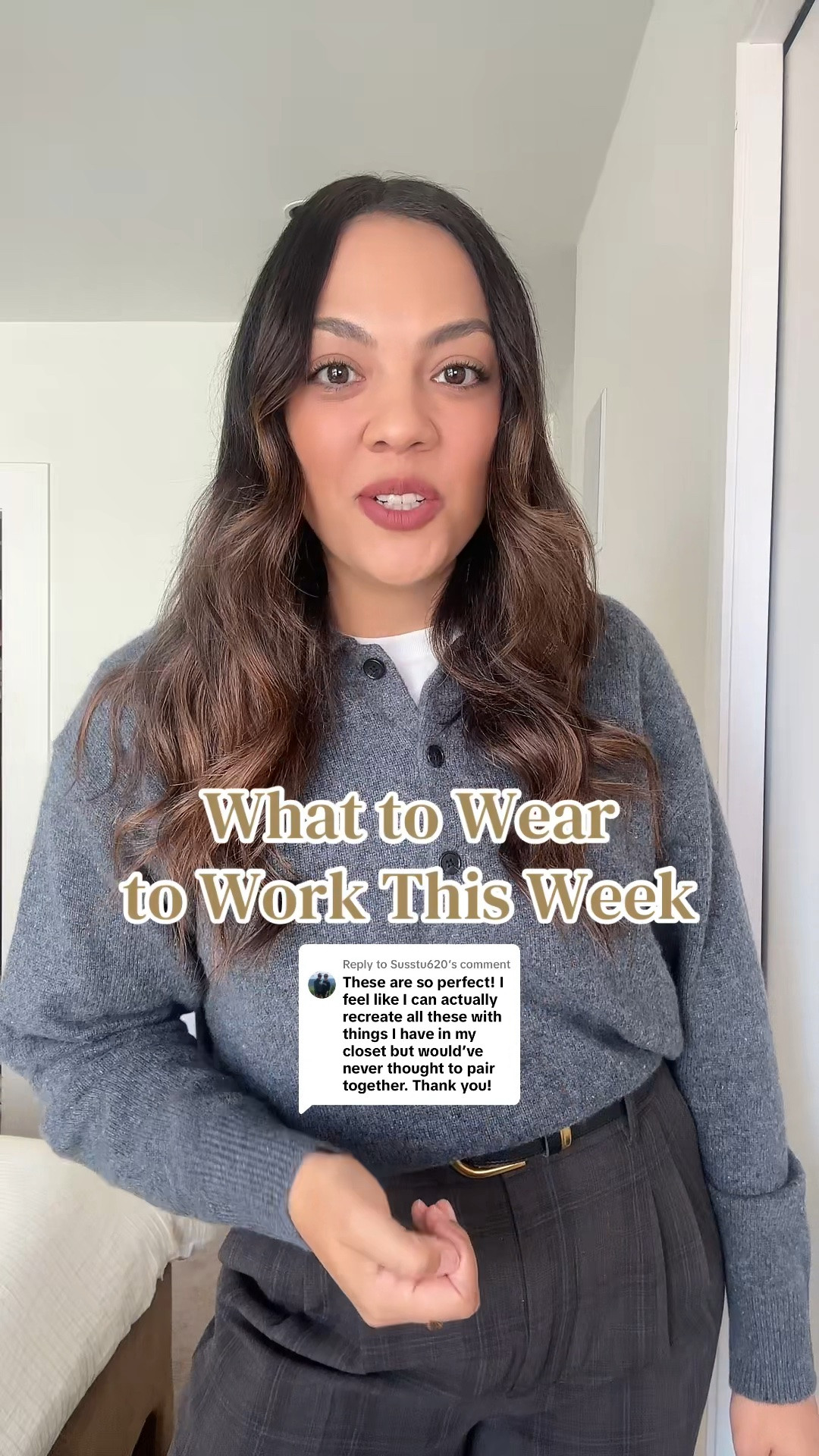 Here is what you can wear to work this week!

Monday:
-Aritzia brown plaid tailored trousers, I have a size 10. Effortless pants. 
-Aritzia grey cashmere polo sweater, I have a size medium.
-Aritzia black and brass belt. 
-Black kitten heels, similar option linked.
-Madewell black leather bucket bag. Same in all outfits.

Tuesday:
-Aritzia cream short sleeve cashmere sweater, I have a size large.
-RW&Co satin wrap skirt, similar linked. 
-Gold kitten heels, similar linked.

Wednesday:
-Aritzia black silky blouse, I have a size medium. Nominee blouse. 
-Aritzia dark brown barrel trousers, I have a size 10.
-Zara red pointed flats.

Thursday:
-Aritzia black pleated midi skirt, I have a size medium. Twirl skirt. 
-Aritzia black T-shirt, I have a size medium.
-Aritzia black and brass belt.
-Aritzia brown plaid funnel neck jacket, I have a size medium. Tenet jacket. 

Friday:
-Aritzia black pull on pants, I have a size medium. Lodge pants. 
-Reformation green cashmere sweater, I have a size large.
-White poplin button up shirt, similar linked.

#LTKfall #LTKstyletip #LTKworkwear
