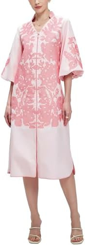 D-Sun Women Floral Embroidered Mid Dress 3/4 Sleeves Casual V-Neck Spring Summer Tunic Loose Zip ... | Amazon (US)