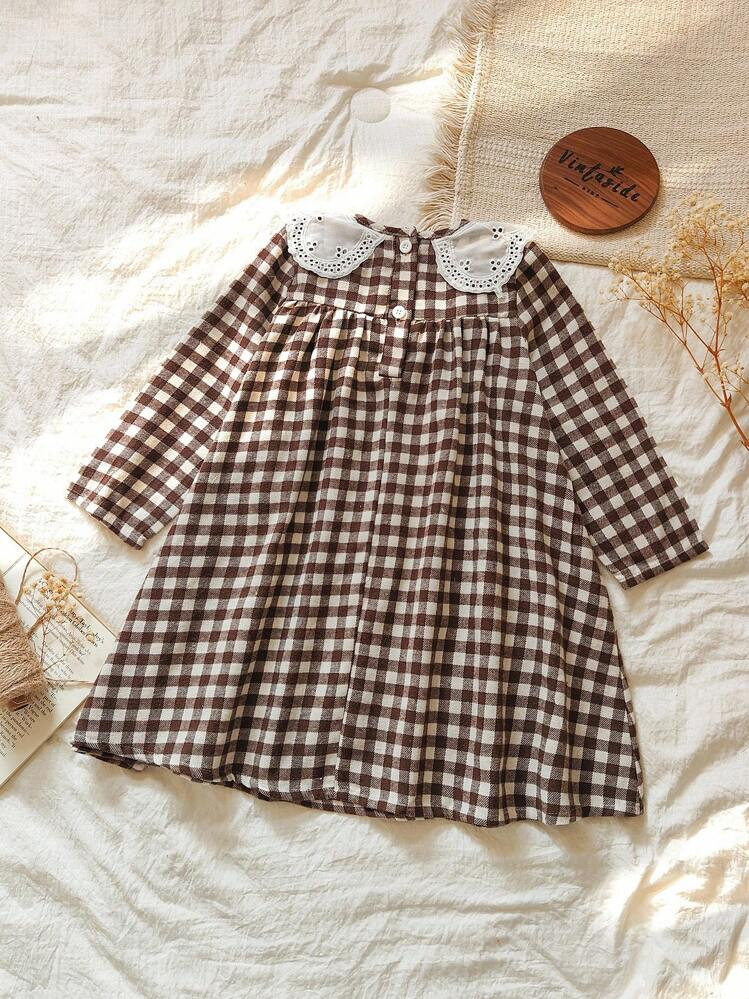 Vintaside Kids Young Girl Plaid Dress, Countryside Style, Elegant Lady Long Sleeve Linen Dress, V... | SHEIN